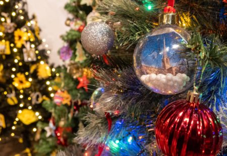 Christmas tree with a bauble showing the Crooked Spire