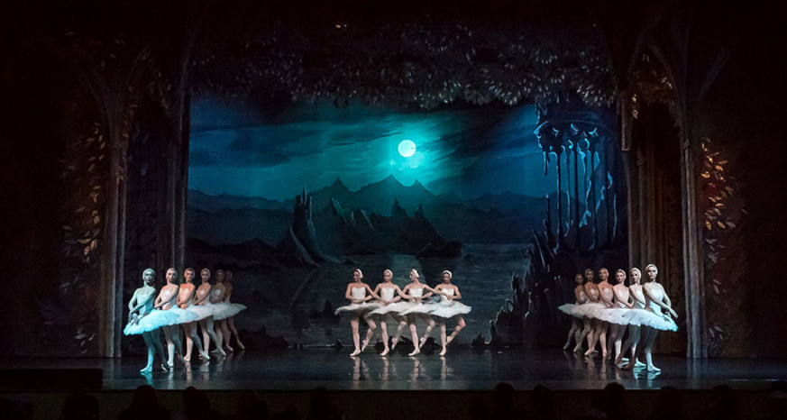 Ballet dancers in white tutus on stage