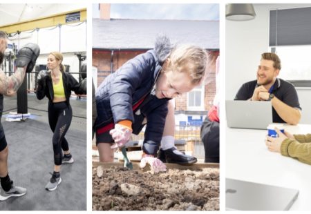 A collage of 3 images, left to right: 1 male and 1 female box sparring, 1 girl planting a ssed, 1 male sat behind a laptop