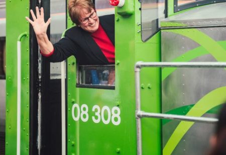 Councillor Gilby on the E-08 eco-friendly train at Barrow Hill Round House