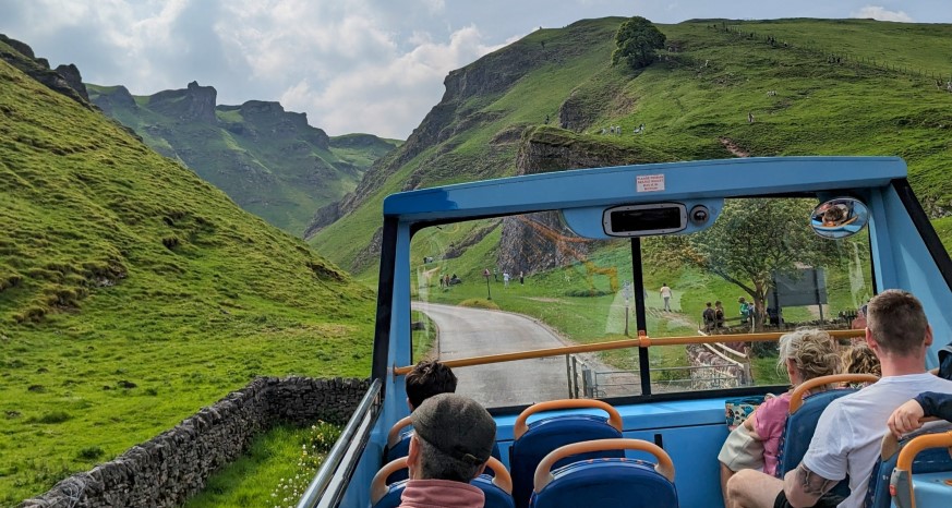 View from open top bus travelling through Winnats Pass