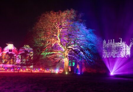 Bolsover Castle lit up in immersive colours