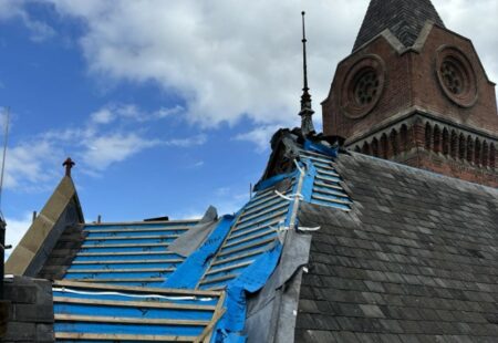 Stephenson Memorial Hall roof being rebuilt