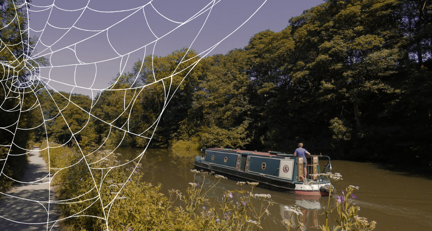 Canal boat on the water with a cobweb graphic in the top left corner