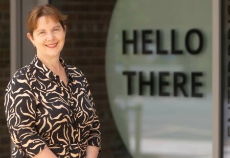 Mayor Claire Ward stood in front of office entrance