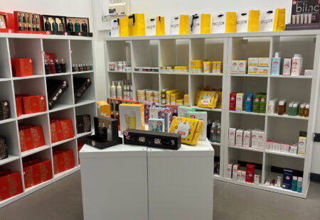 Interior of shop with shelves stocking cosmetics and skincare products